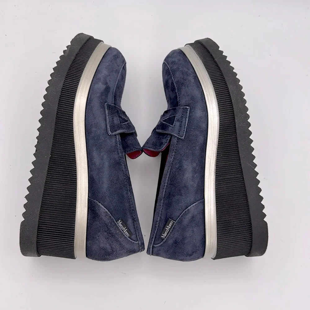 Marco Moreo Milano - women’s Hannah navy blue suede loafer platform shoes‎ 7 /38